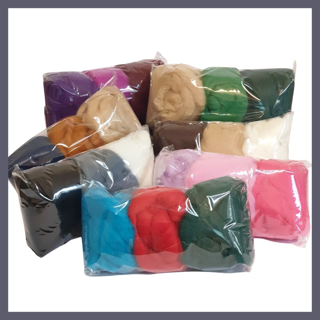 The Good Yarn three colour merino wool packs blue green red pink purple black white grey