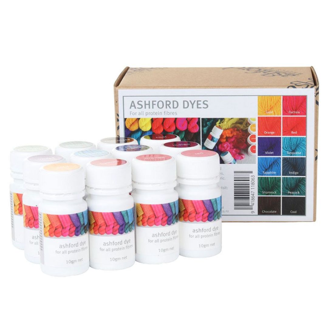 The Good Yarn Ashford Protein Dyes 12 Pack in box for wool silk protein fibres