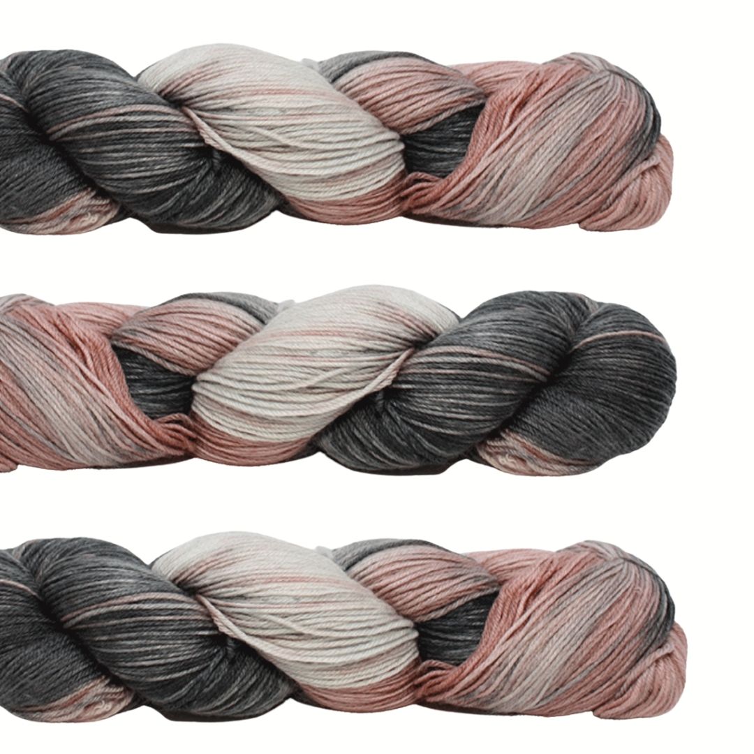 The Good Yarn Fiori Hand Dyed Sock Yarn Snow Gum Grey charcoal pink