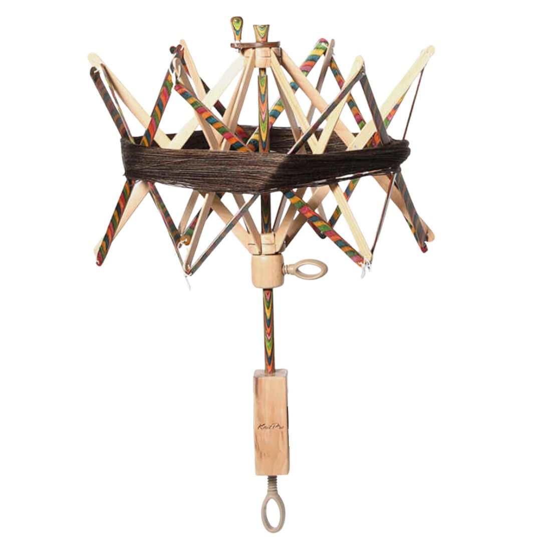 The Good Yarn KnitPro Signature Swift Skein Winder open with wool