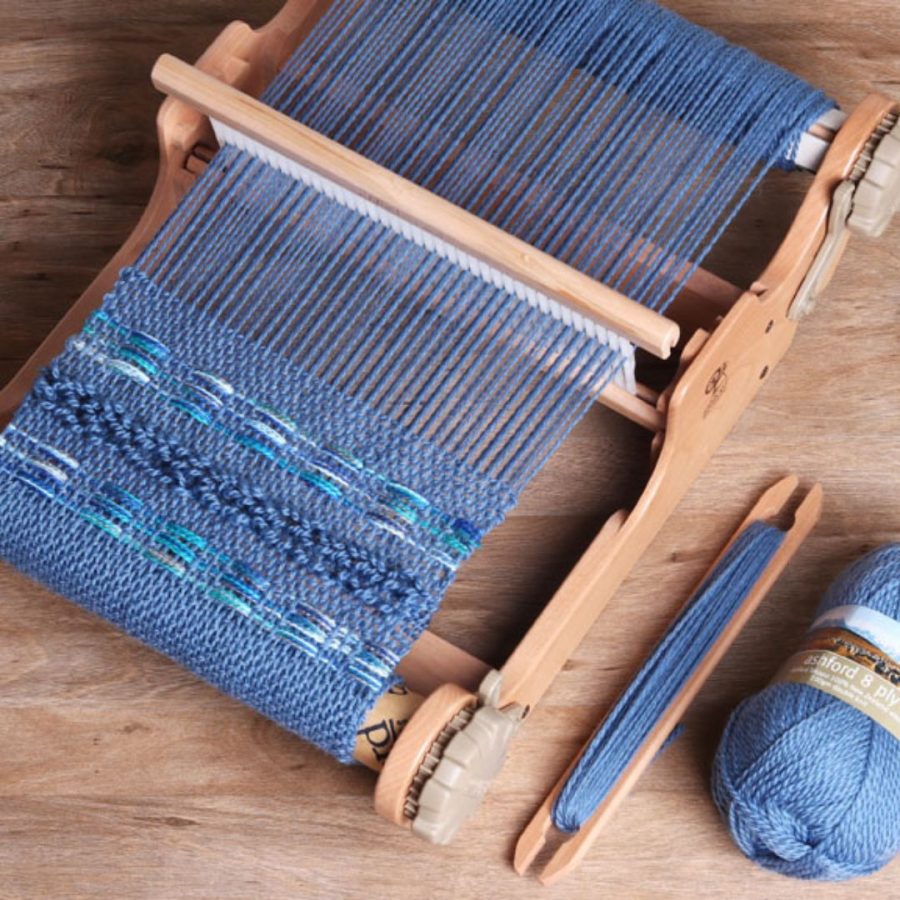 The Good Yarn Ashford 40cm Rigid Heddle Weaving Loom with blue yarn and thread