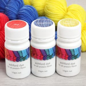 The Good Yarn Ashford Wool Dye Primary Colours with yarn