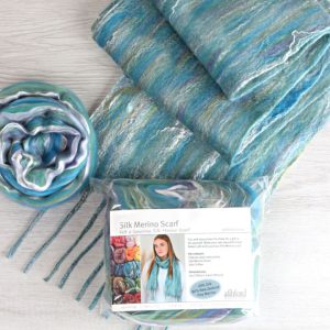 The Good Yarn Silk Merino Nuno Felting Scarf Kit and finished scarf in blue