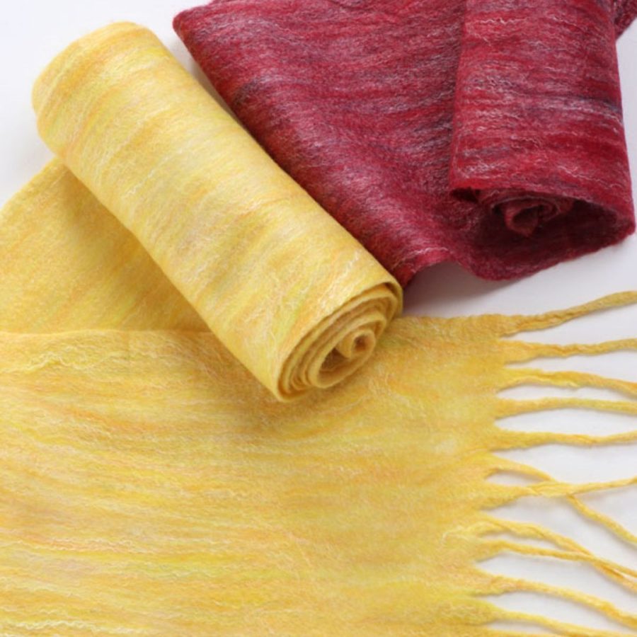 The Good Yarn Silk Merino Nuno Felting Scarf Kit red yellow scarves
