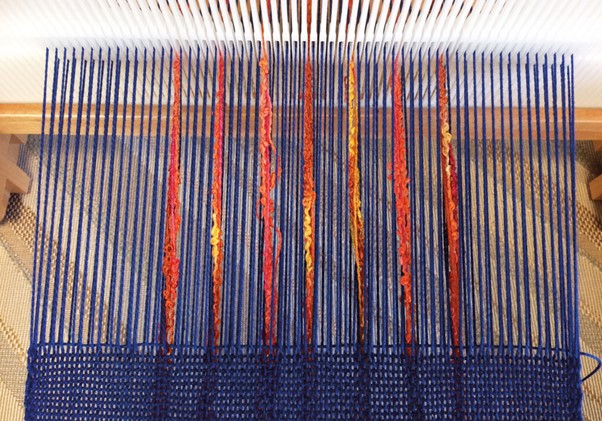 The Good Yarn Weaving Warping blue and orange cotton loom