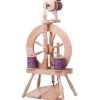 The Good Yarn Ashford Traveller 3 Spinning Wheel with bobbins and purple yarn